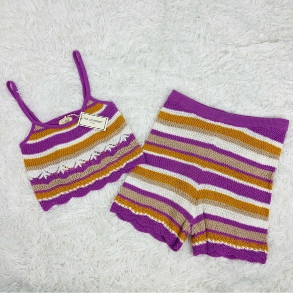 NWT NO COMMENT striped two piece knit cotton cropped top & high waisted shorts L